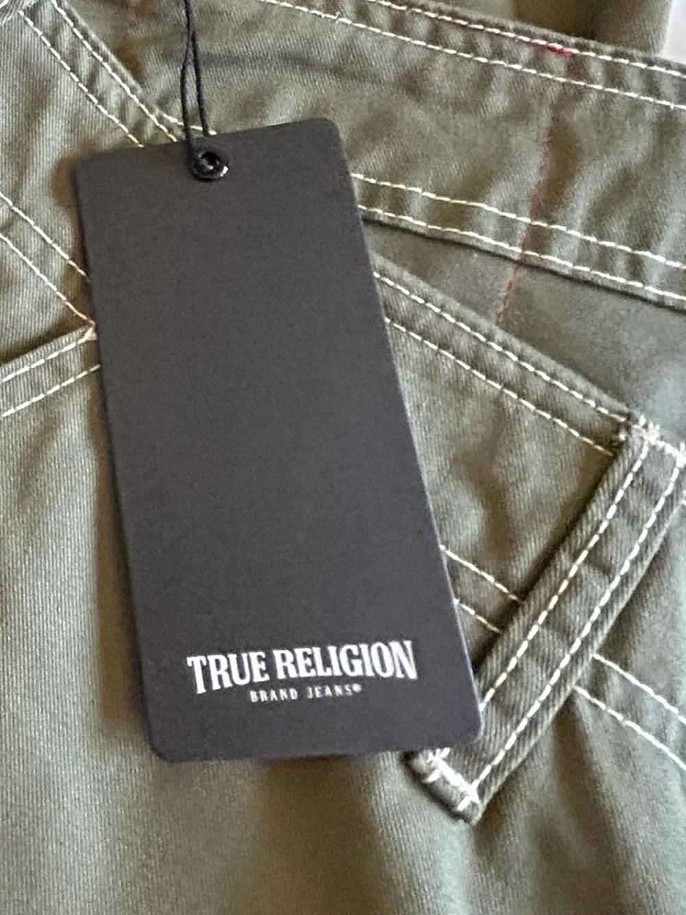True Religion Men's Olive Cargo Pants with White Contrast Stitching